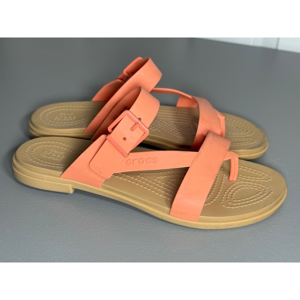Crocs Tulum Toe Post Sandal Womens 8 Coral Jelly Strappy Buckle Beach Casual